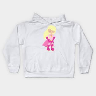 Superhero Girl, Blonde Hair, Cute Girl, Pink Cape Kids Hoodie